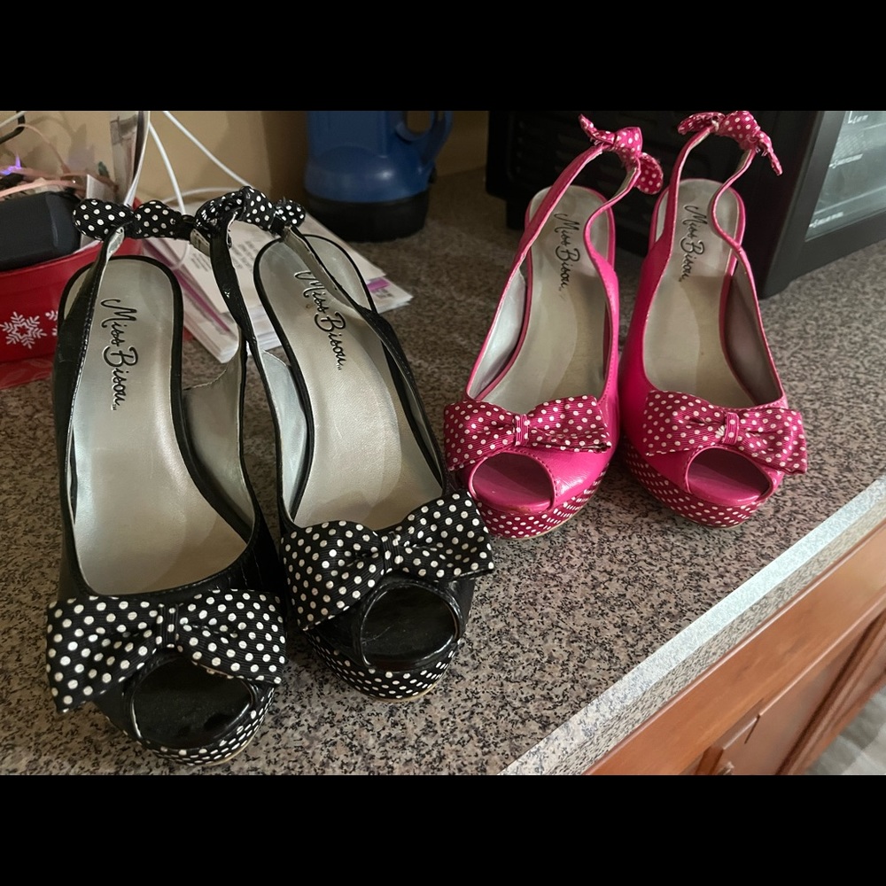 Two pair of adorable heeled shoes elastic at back and polka dotted